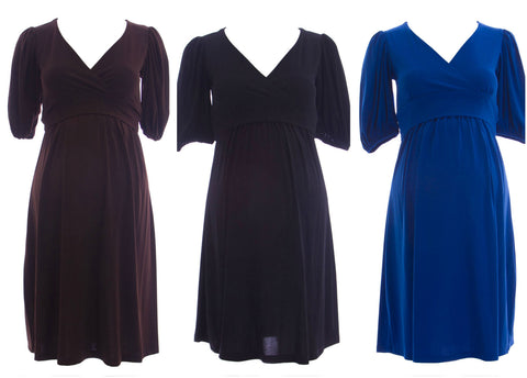 OLIAN Maternity Women's Short Blouson Sleeve Surplice Neck Dress $152 NWT