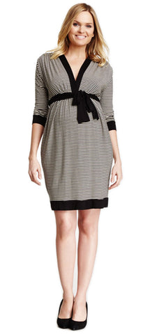 OLIAN Maternity Women's Black Ivory Stripes Faux Wrap Dress $130 NWT