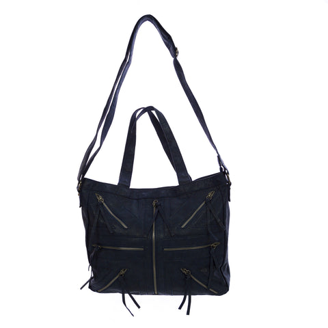 RELIGION Women's Navy Blue Faux Leather Unity Zip Shoulder Bag NA1091 $225 NEW