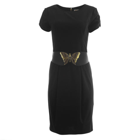 NUE by Shani Women's Black Short Sleeve Belted Sheath Dress S410 $320 NWT