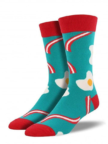 Socksmith Men's Novelty Crew Socks, Bacon 'N Eggs - Capri Teal
