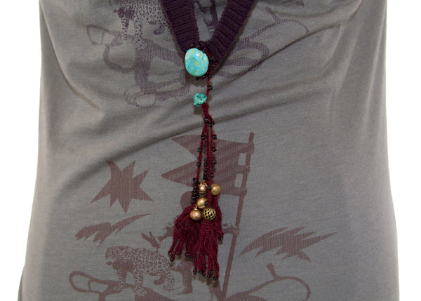 ETERNAL CHILD Women's Grey Printed Tee W/ Attached Necklace NEW