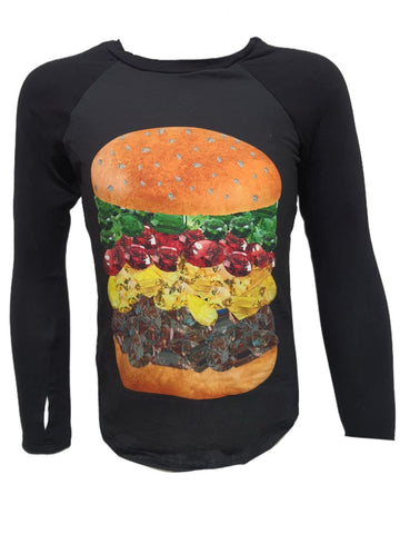 TEREZ Girl's Black Glitter Burger Long Sleeve Shirt #322037748 NWT