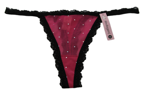 UNDERGIRL Women's Pink / Black Sheer Rhinestone Lace Thong Panties Sz L NWT
