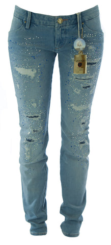 LEROCK Women's Light Blue Straight Leg Distressed Bedazzled Denim Jeans NEW