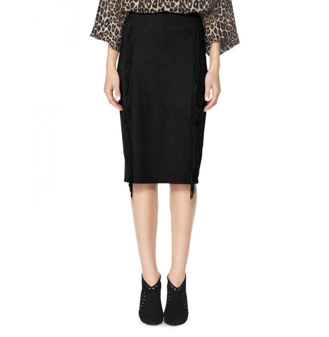 Tamara Mellon of Black Suede Fringe Slim Skirt $895 NEW