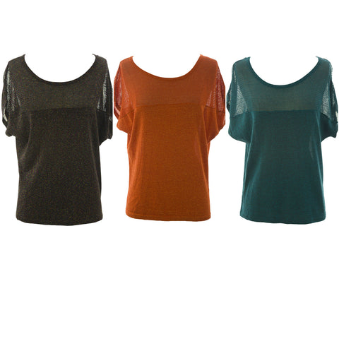 August Silk Women's Metallic Mesh Inset Short Sleeve Sweater NWT $58