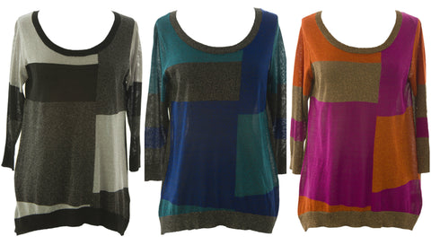 August Silk Women's Colorblock Metallic 3/4 Sleeve Sweater NWT $68