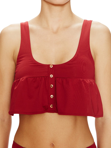 ZINKE Women's Rio Red Ruffled Button Penny Bikini Top $99 NEW