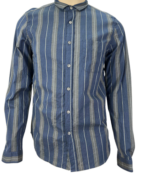 STEVEN ALAN Men's Blue Cropped Collar Striped Casual Shirt Sz S NWT