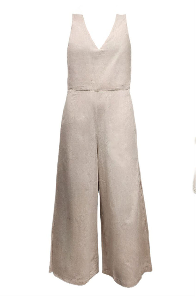 HoodLamb Women's Khaki Culotte V-Neck Hemp Jumpsuit 420 NWT