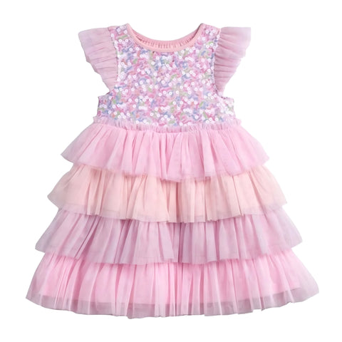 PIPPA & JULIE Girl's Pink Sequin Tiered A-Line Dress #300 NWT