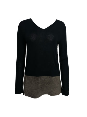 ECRU Women's Black V-Neck Suede Long Sleeve Sweater #3125 No Size NWT