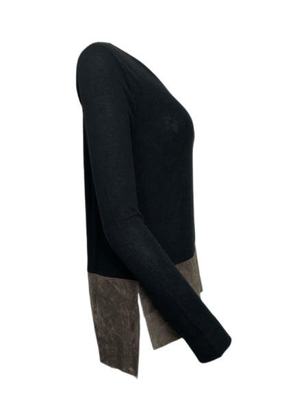 ECRU Women's Black V-Neck Suede Long Sleeve Sweater #3125 No Size NWT