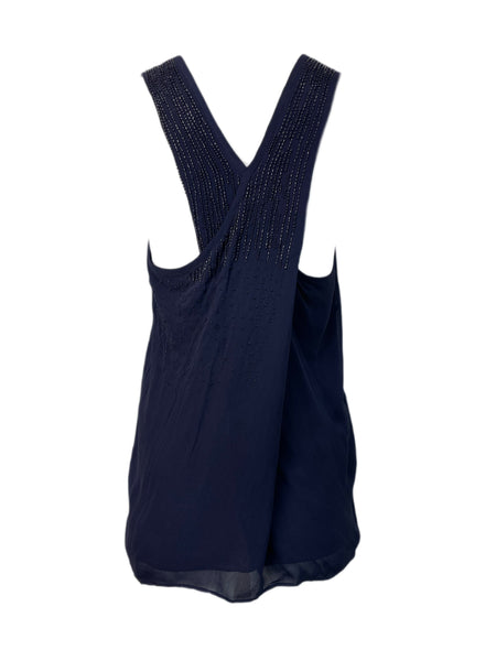 ECRU Women's Navy Indigo Casual Besded Top #3130 S NWT