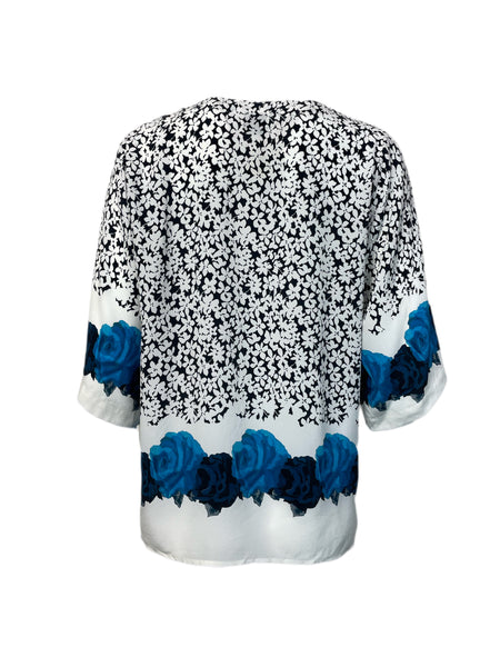 ECRU Women's White Border Rose All Over Print Top #3218 S NWT