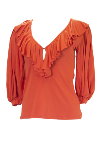 ANALILI Women's Ruffle Front Low Cut Keyhole Blouse 358AI10 $140 NWT