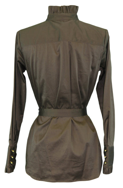 ELIZABETH MCKAY Chocolate Waist Tie High Neck Priscilla Top 4051 $195 NWT