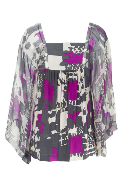 ANALILI Women's Magenta Grey Abstract Print Contrast Kimono Sleve Top $185 NWT