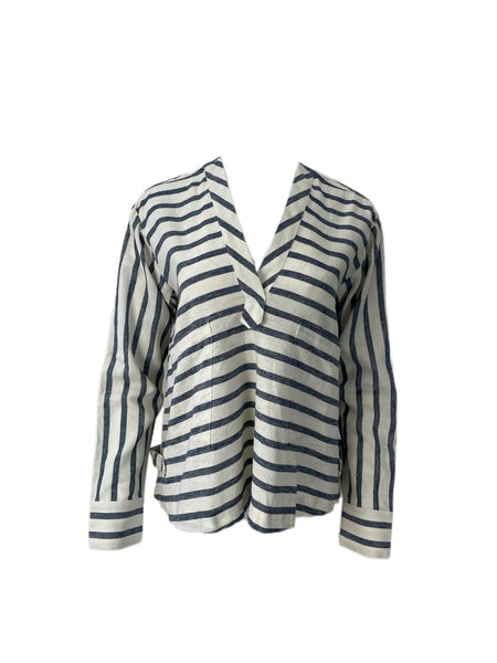 DEREK LAM Women's Blue V-Neck Stripped Shirt #702SL 4 NWT