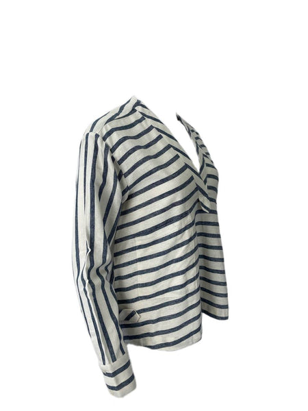 DEREK LAM Women's Blue V-Neck Stripped Shirt #702SL 4 NWT