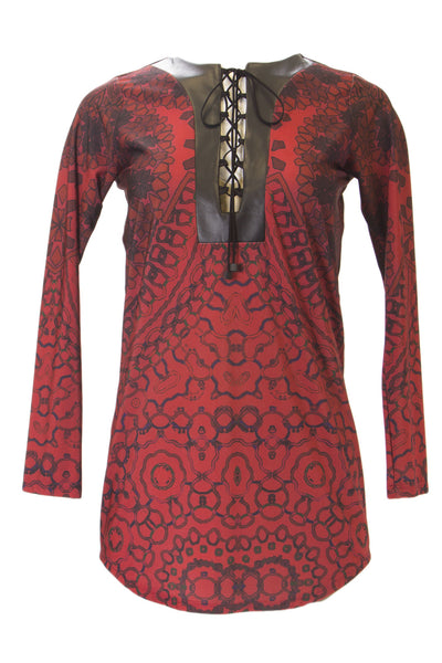 ANALILI Women's Floral Print Contrast Inset Lace Up Tunic Sz X-Small Maroon