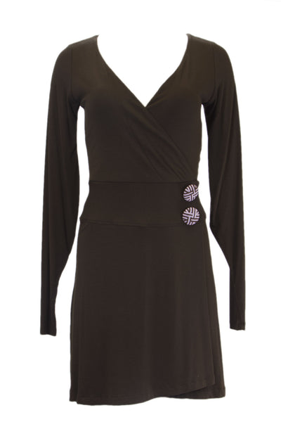 ANALILI Women's Oversized Buttons Accent Long Sleeve Wrap Dress Small Brown