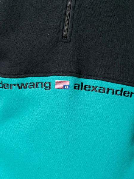 ALEXANDER WANG Men's Black/Jade Colorblock 1/2 Zip Hooded Sweatshirt NWT