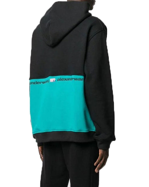 ALEXANDER WANG Men's Black/Jade Colorblock 1/2 Zip Hooded Sweatshirt NWT