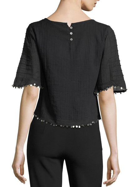 LOVESHACKFANCY Women's Black Agatha Sequin-Trim Voile Top $155 NWT