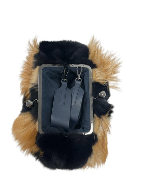 Max Mara Women's Nero Aida Kiss Lock Fox Fur Medium Clutch NWT
