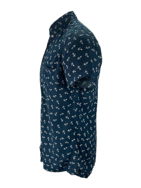 HANDSOME ME Men's Blue Anchor Print Button Down Shirt Size S NWT