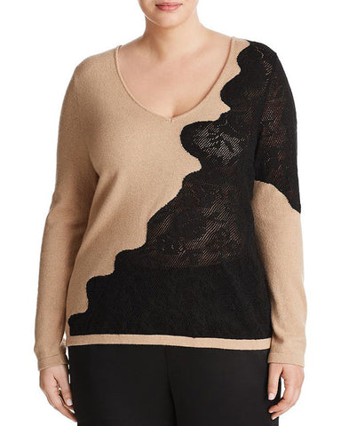 MARINA RINALDI Women's Arabesco Lace Detail Sweater, Hazelnut