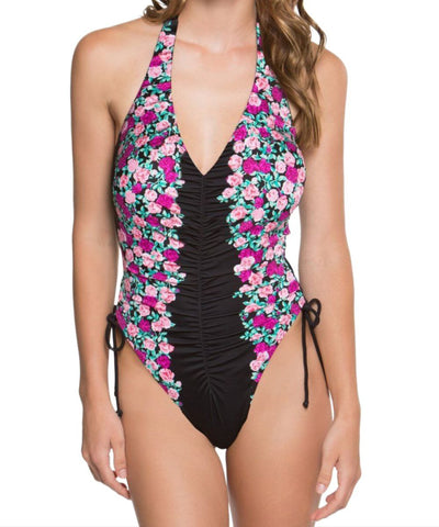BETSEY JOHNSON Women's Black Floral Pattern One Piece Swimsuit #BK Large NWT