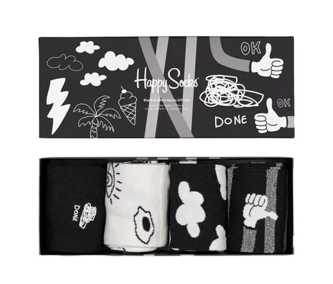 HAPPY SOCKS Unisex Black&White 4 Pairs Gift Set Socks Size 8-12 NWB