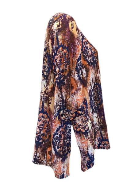 Marina Rinaldi Women's Brown Barbados Short Sleeve Printed Silk Top NWT