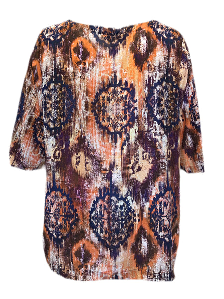 Marina Rinaldi Women's Brown Barbados Short Sleeve Printed Silk Top NWT