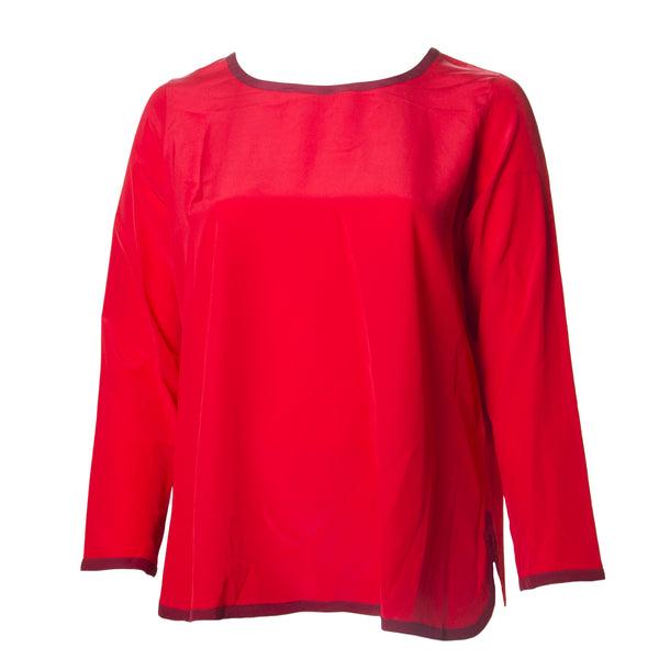 MARINA RINALDI Women's Red Basilica Trim Detail Silk Blouse $685 NWT