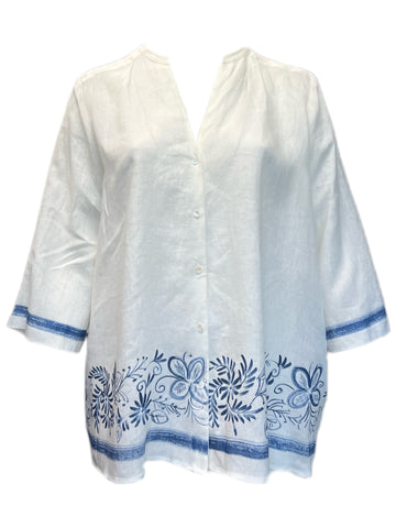 Marina Rinaldi Women's White Batik Button Down Flax Shirt NWT