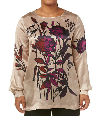 MARINA RINALDI Women's Camel Begonia Floral Silk Blouse $850 NWT