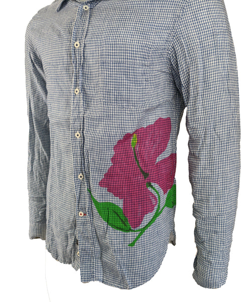 Benson Men's Blue Ginham Floral Linen Shirt CSH01LYD Size Large NWT