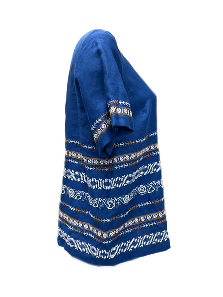 Marina Rinaldi Women's Blue Big Embroidered Flax Blouse NWT