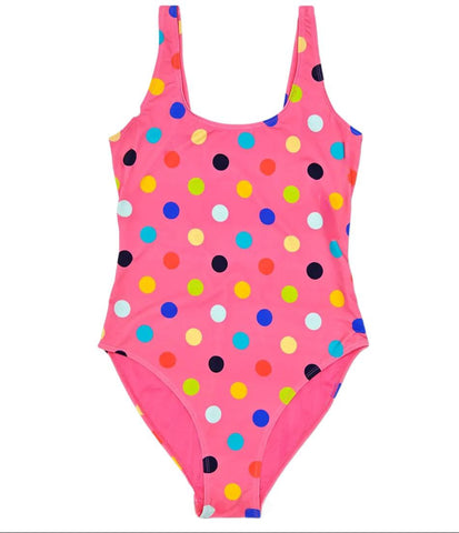 HAPPY SOCKS Women's Pink Big Dot Round Neck One-Piece Swimsuit NWT
