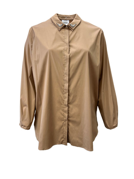 Marina Rinaldi Women's Camel Bijou Beaded Collar Button Down Shirt