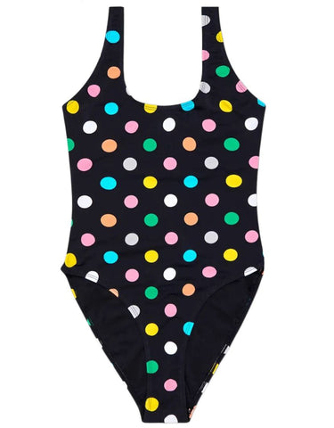 HAPPY SOCKS Women's Black Big Dot Round Neck One-Piece Swimsuit NWT