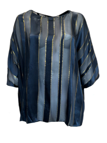 Marina Rinaldi Women's Navy Bonbon Striped Silk Blnded Blouse Size 20W/29 NWT