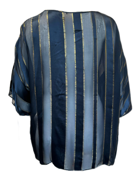 Marina Rinaldi Women's Navy Bonbon Striped Silk Blnded Blouse Size 20W/29 NWT