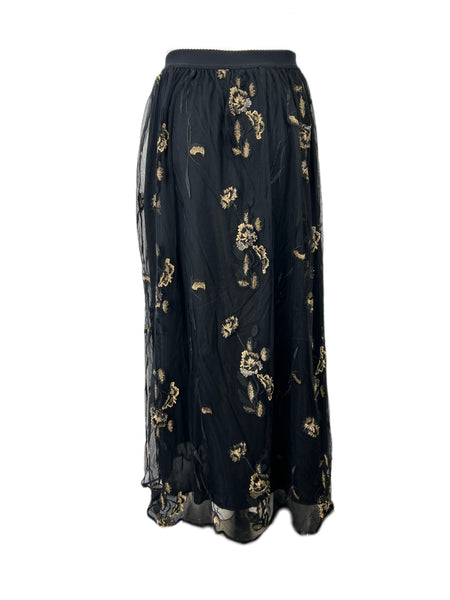 Marina Rinaldi Women's Black Cipria Elastic Waist Embroidered Skirt