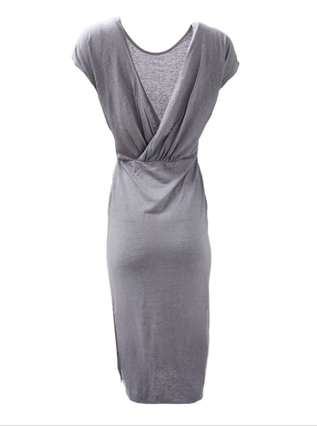 HoodLamb Women's Dark Grey Knit V-Back Maxi Hemp Dress 420 NWT