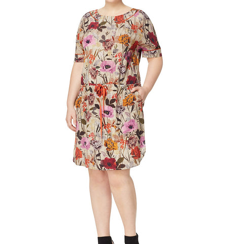 MARINA RINALDI Women's Beige Dallas Floral Dress W/ Pockets $425 NWT